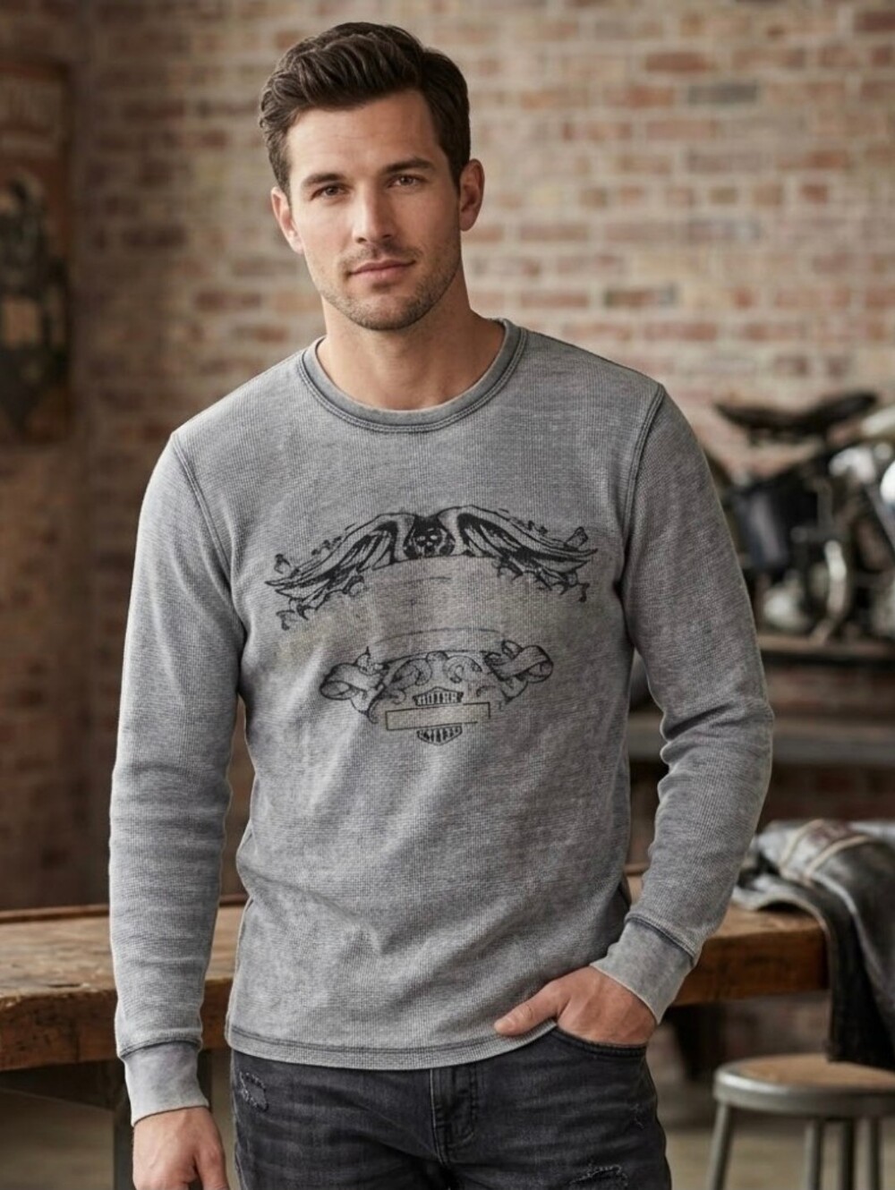Harley-Davidson Motor Cycles Gray Long Sleeve Shirt Mens Size L Large Stretch